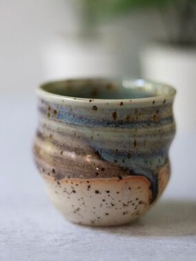 Pinched speckled pottery small cup planter handmade signed blue gray brown